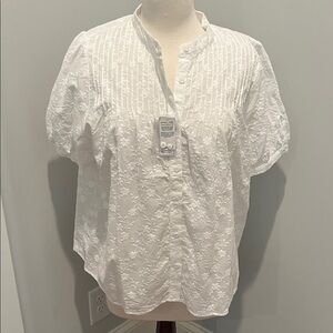 johnnie-O White Embroidered Button-Front Puff Sleeve Top